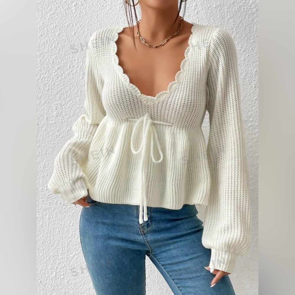 Low V Neck White Sweater